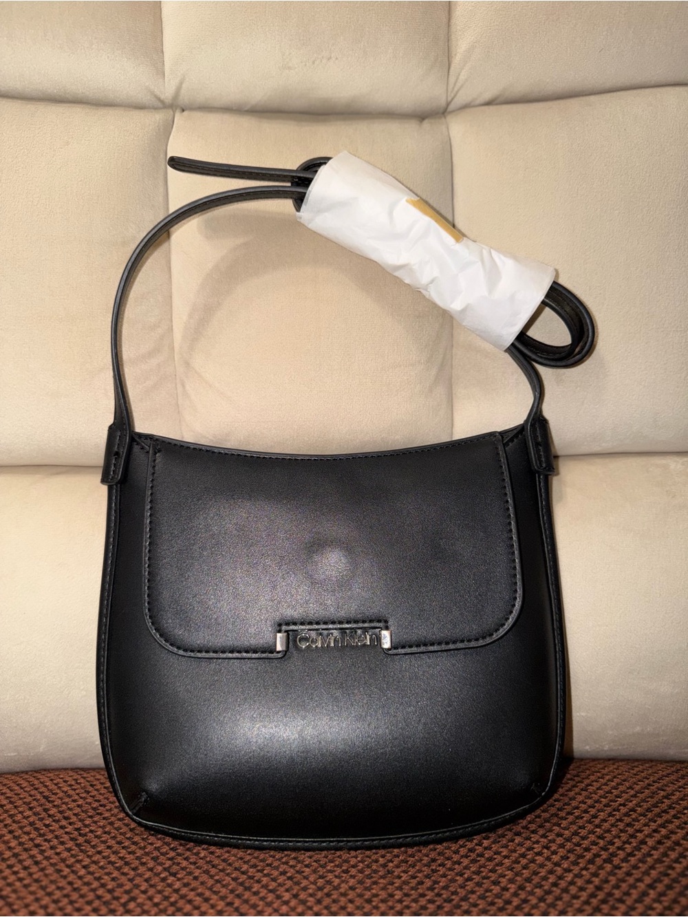 Calvin Klein Smooth Black Crossbody Bag with Logo Plate